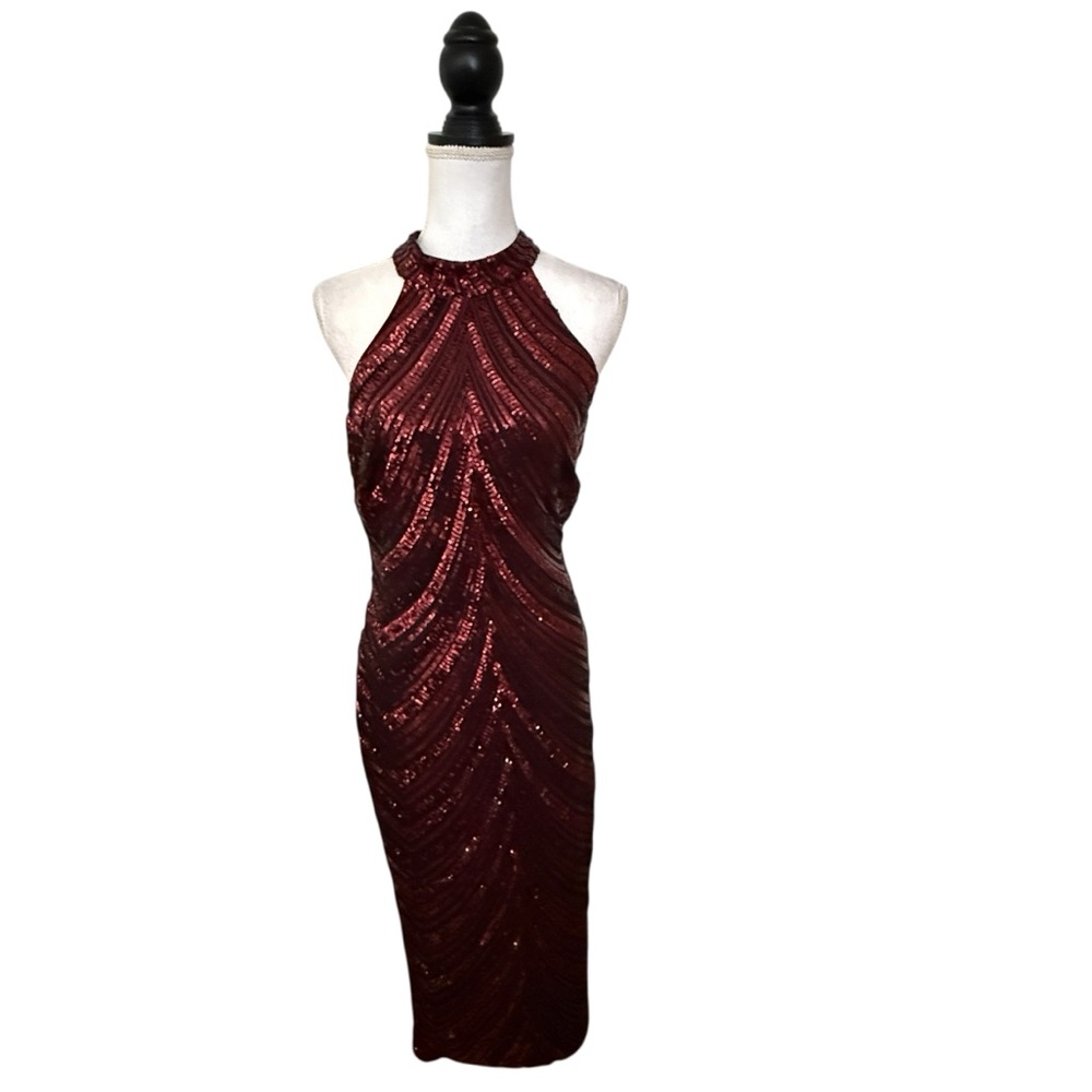 Fashion Nova Black Maroon Sequin Sleeveless Long Evening Dress Size XL